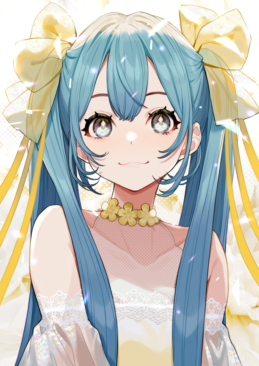 :3 absurdres bare_shoulders blue_eyes blue_hair bow closed_mouth collarbone commentary detached_sleeves eyelashes female flower hairbow hatsune_miku highres long_hair long_sleeves looking_at_viewer see-through see-through_bow smile solo twintails upper_body vocaloid white_background yellow_bow yellow_flower yuu_(higashi_no_penguin)