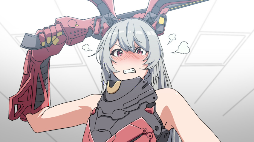 animal_ears blush charolic_(girls'_frontline_2) commentary_request commission embarrassed fake_animal_ears female gauntlets girls'_frontline girls'_frontline_2:_exilium grey_hair grin highres holding holding_sword holding_weapon long_hair looking_at_viewer mouth_hold open_mouth pixiv_commission red_eyes smile solo sword teeth_hold triangle_bullet upper_body weapon