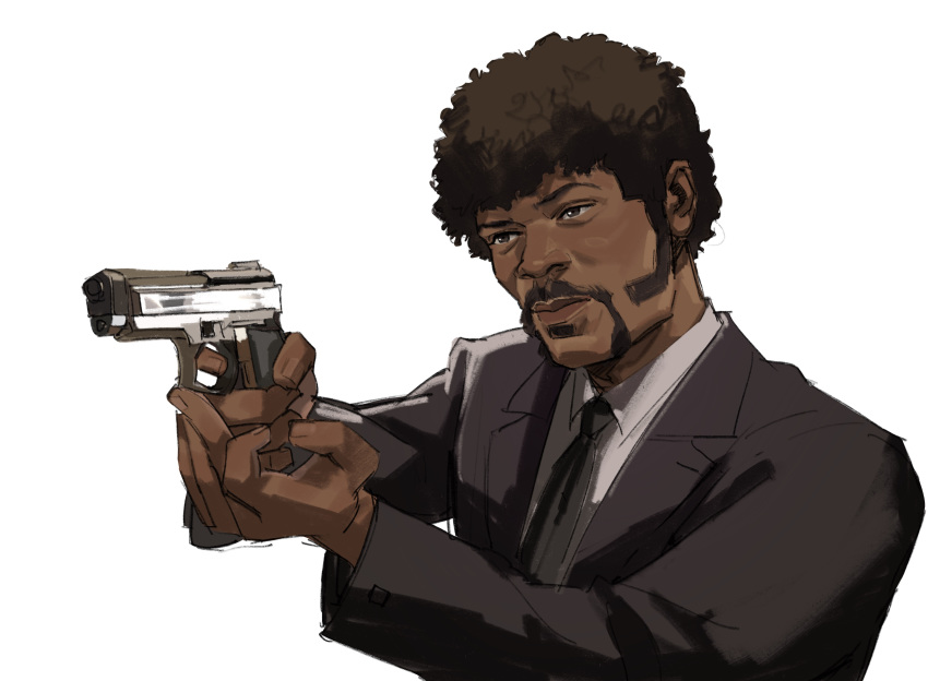 1boy absurdres afro bad_id bad_twitter_id black_eyes black_hair black_jacket black_necktie black_suit closed_mouth collared_shirt commentary dark-skinned_male dark_skin english_commentary facial_hair formal from_side gun highres holding holding_gun holding_weapon jacket jules_winnfield lips male_focus moustache necktie pulp_fiction samuel_l._jackson serious shirt short_hair sideburns simple_background solo suit thisuserisalive upper_body weapon white_background white_shirt