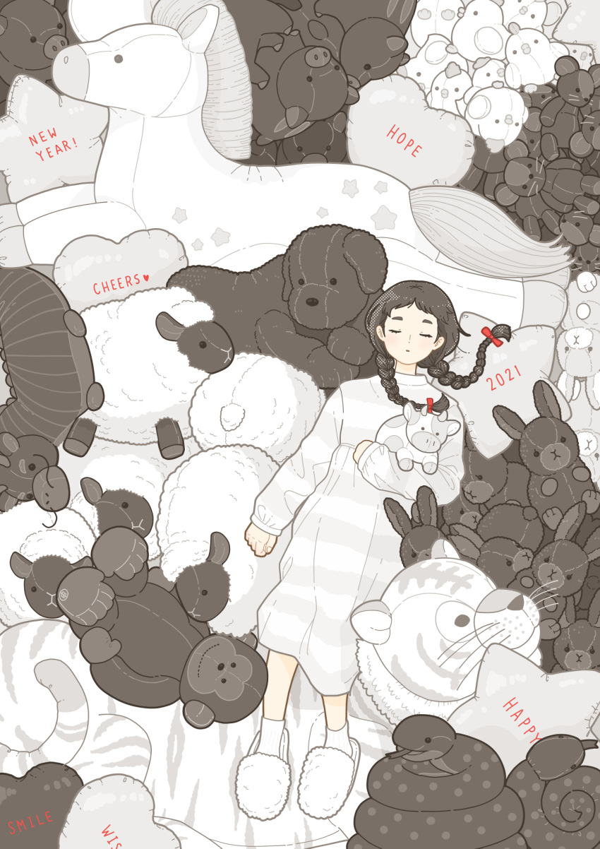 2021 black_hair blush braid chinese_zodiac closed_eyes dress english_text female highres long_hair nengajou new_year original slippers solo striped_clothes striped_dress stuffed_animal stuffed_bird stuffed_cow stuffed_dog stuffed_horse stuffed_rabbit stuffed_sheep stuffed_snake stuffed_tiger stuffed_toy teddy_bear twin_braids twintails white_dress white_footwear wide_shot year_of_the_ox yoshimon