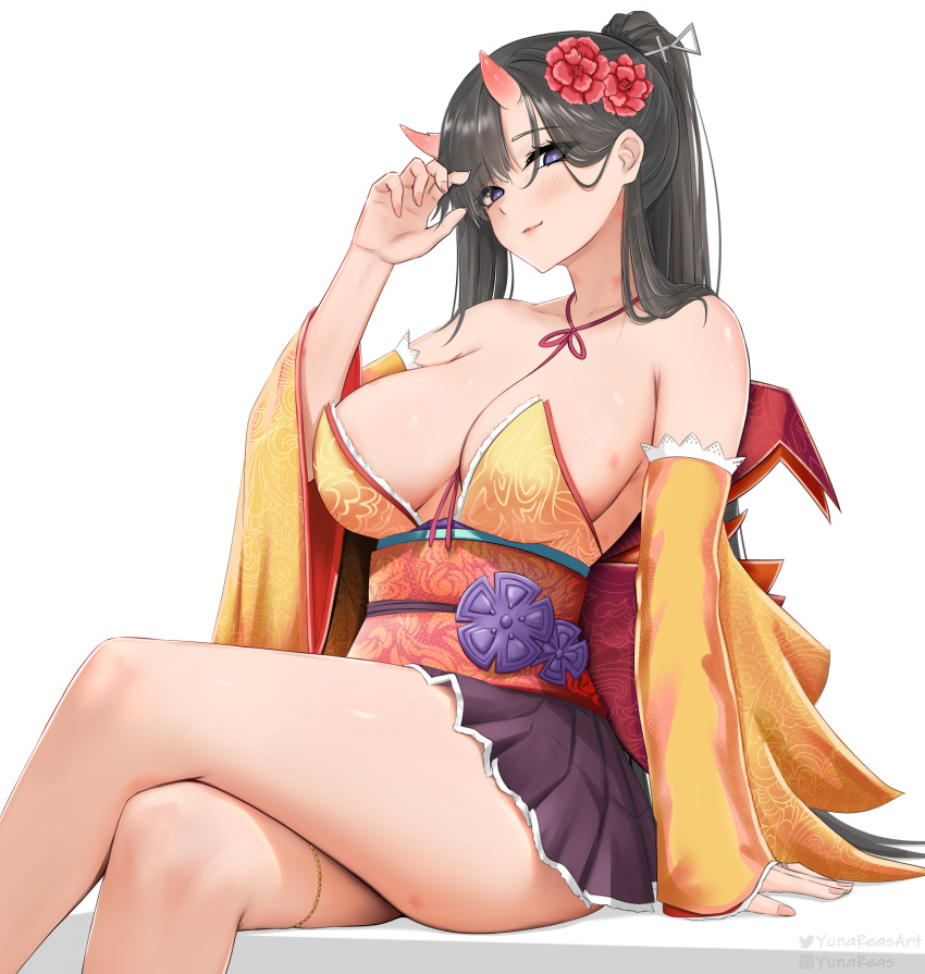 azur_lane bare_shoulders black_hair blue_eyes blush breasts commentary commission detached_sleeves english_commentary female flower hair_flower hair_ornament hickey highres horns japanese_clothes large_breasts long_hair long_sleeves looking_at_viewer medium_breasts official_alternate_costume oni pleated_skirt ponytail purple_eyes ryuuhou_(azur_lane) ryuuhou_(firebird's_new_year_dance)_(azur_lane) sidelocks sitting skirt thighs yunareas