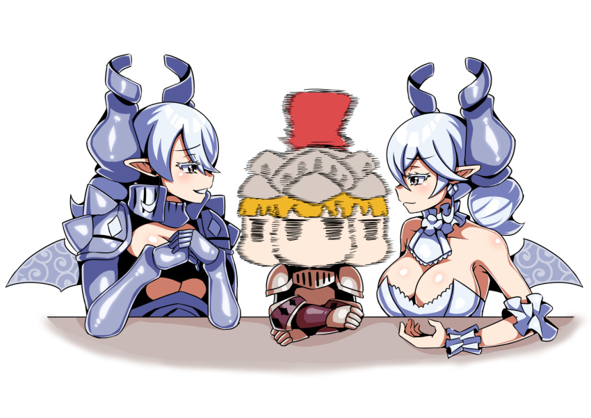 3girls afterimage armor blonde_hair breasts cleavage demon_wings diti_(selecta) dress dual_persona duel_monster grey_eyes grey_hair knight_(yu-gi-oh!) lady_labrynth_of_the_silver_castle large_breasts long_hair looking_at_another lovely_labrynth_of_the_silver_castle meme multiple_girls pointy_ears short_hair simple_background smile the_weaker_sex_1_(gibson) white_background wings yu-gi-oh! yuri