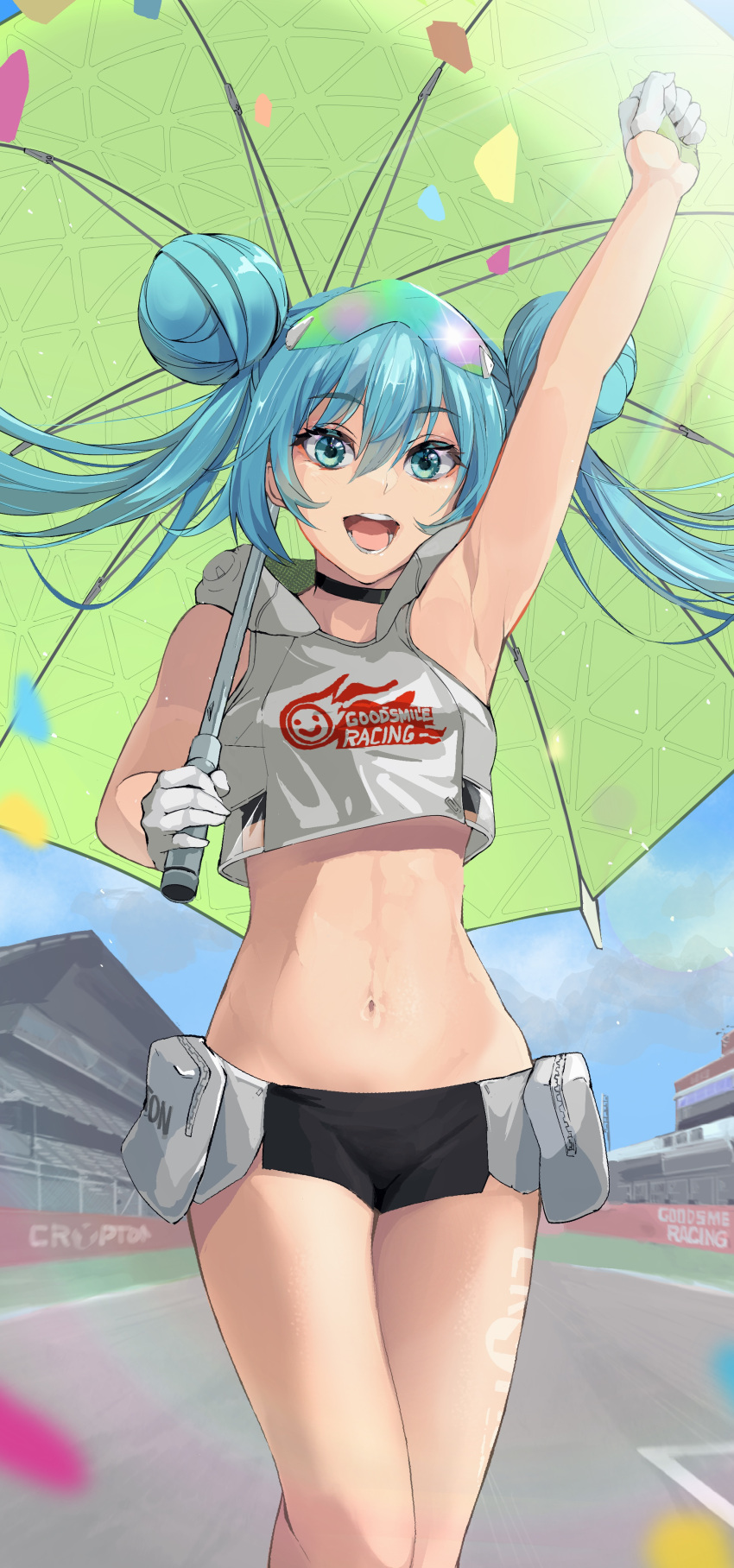 absurdres aqua_eyes aqua_hair armpits bare_arms bare_legs black_choker breasts choker commentary confetti cowboy_shot double_bun female flame_print gloves goodsmile_racing green_umbrella hair_between_eyes hair_bun half_gloves hand_up hatsune_miku highres holding holding_umbrella logo long_hair navel open_mouth pouch race_queen racing_miku racing_miku_(2022) short_shorts shorts sleeveless smiley_face solo sparkle stomach teeth torn_flipper twintails umbrella vocaloid