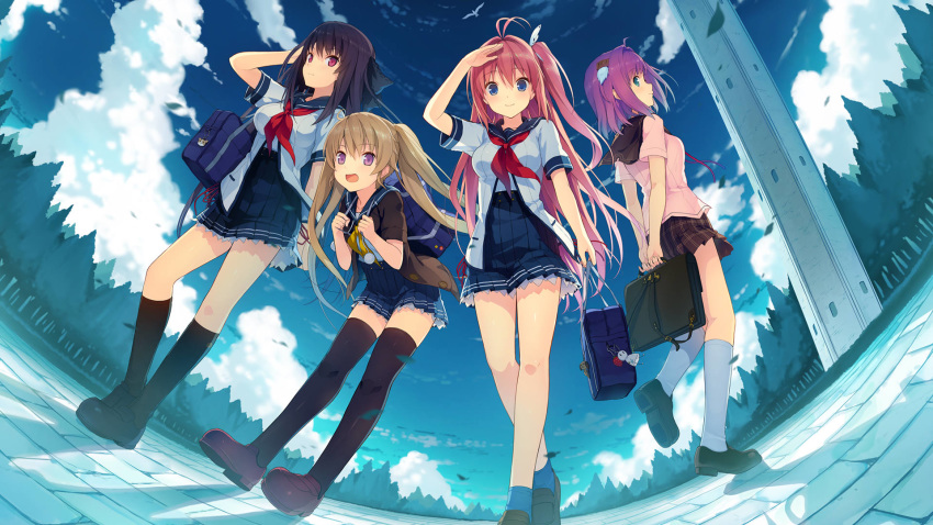 ao_no_kanata_no_four_rhythm arisaka_mashiro ichinose_rika kurashina_asuka seifuku sprite suzumori thighhighs tobisawa_misaki wallpaper yuuki_itsuka