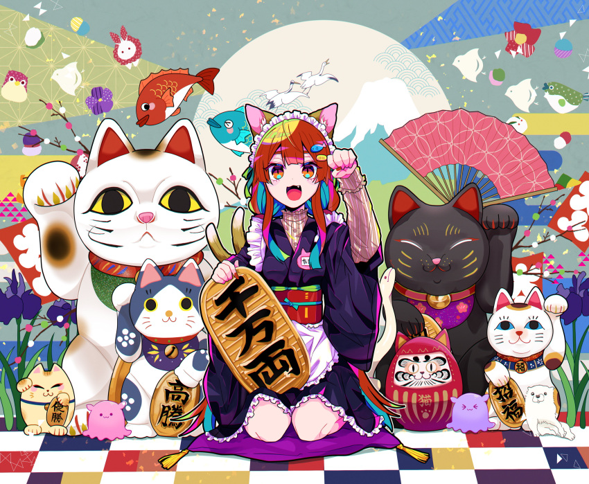 :3 absurdres animal_ears apron aqua_hair arm_up asa_no_ha_(pattern) bell bird black_cat black_dress blue_eyes branch breasts brown_hair brown_shirt calico cat_day cat_ears cat_girl cat_tail checkered_floor chromatic_aberration claws closed_eyes cloud coin colored_inner_hair commentary cushion daruma_doll dress egasumi eyebrows_hidden_by_hair feline female fine_art_parody fingernails fish fish_hair_ornament flower folding_fan frilled_apron frilled_kimono frilled_sash frilled_shirt_collar frilled_sleeves frills gold gold_coin grass hair_ornament hand_fan hands_up highres iris_(flower) japanese_clothes japanese_white-eye jeweled_branch_of_hourai jingle_bell kimono koban_(gold) layered_sleeves long_hair long_sleeves low_twintails maid maid_headdress maneki-neko medium_breasts mount_fuji multicolored_hair multiple_cats multiple_tails name_tag neck_bell obi obijime oerba_yun_fang on_floor original parody paw_pose paw_print pillow purple_flower purple_kimono red_eyes red_nails sash sayagata seigaiha seiza sharp_fingernails shippou_(pattern) shirt sidelocks sitting sitting_on_pillow slit_pupils smile snow_rabbit solo soshu_umezawanosho ssm_a_u straight-on striped_clothes striped_shirt tail tassel twintails two_tails uroko_(pattern) very_long_hair wa_maid waist_apron whiskers white_apron white_cat wide_sleeves yellow_eyes yellow_nails zabuton