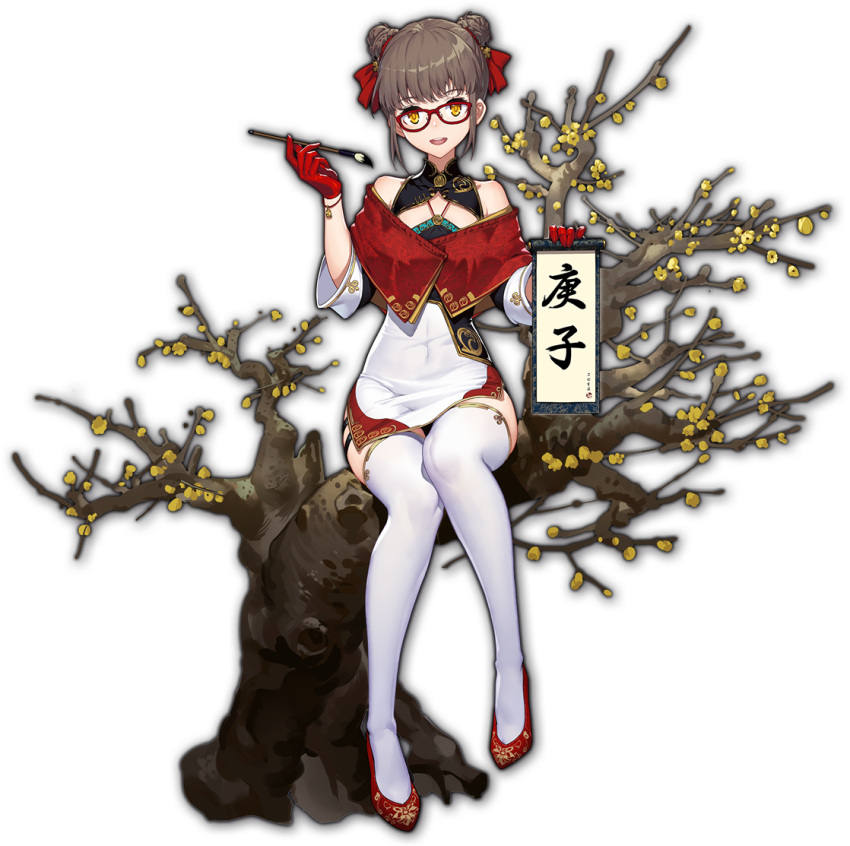 artist_request bracelet branch brown_hair calligraphy double_bun female game_cg glasses hair_bun holding holding_brush holding_scroll in_tree jewelry mahjong_soul ninomiya_hana official_art red-framed_eyewear red_eyes red_footwear scroll simple_background sitting sitting_in_tree tachi-e thighhighs third-party_source transparent_background tree