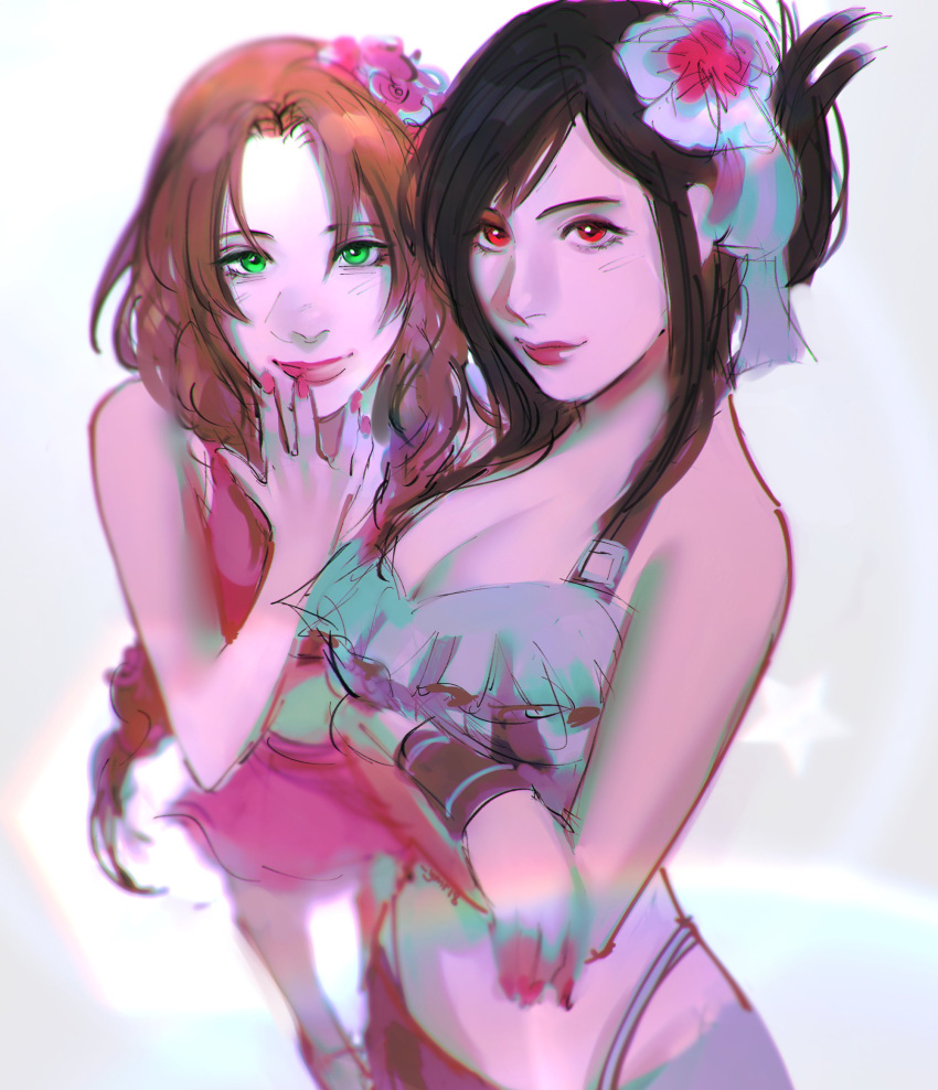 2girls aerith_gainsborough aerith_gainsborough_(pink_mermaid) bikini breasts crossed_arms final_fantasy final_fantasy_vii final_fantasy_vii_rebirth final_fantasy_vii_remake flower green_eyes hair_flower hair_ornament highres large_breasts leaning_forward multiple_girls official_alternate_costume official_alternate_hairstyle rainbow red_eyes smile swimsuit tifa_lockhart tifa_lockhart_(shining_spirit) ymr18