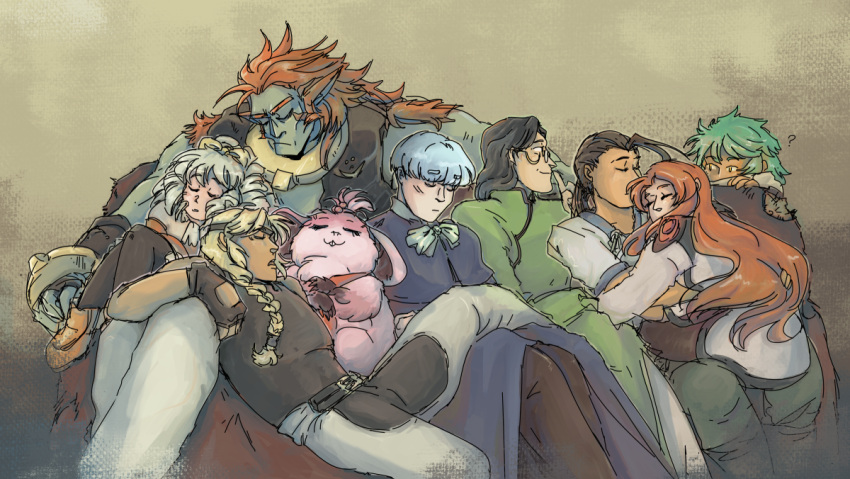 android billy_lee_black chu-chu citan_uzuki cuddling dotesque_chu-chupolin elhaym_van_houten emeralda_kasim fei_fong_wong fur group human humanoid machine male mammal maria_balthasar pink_body pink_fur ricardo_banderas robot sleeping xenogears xenoqueers