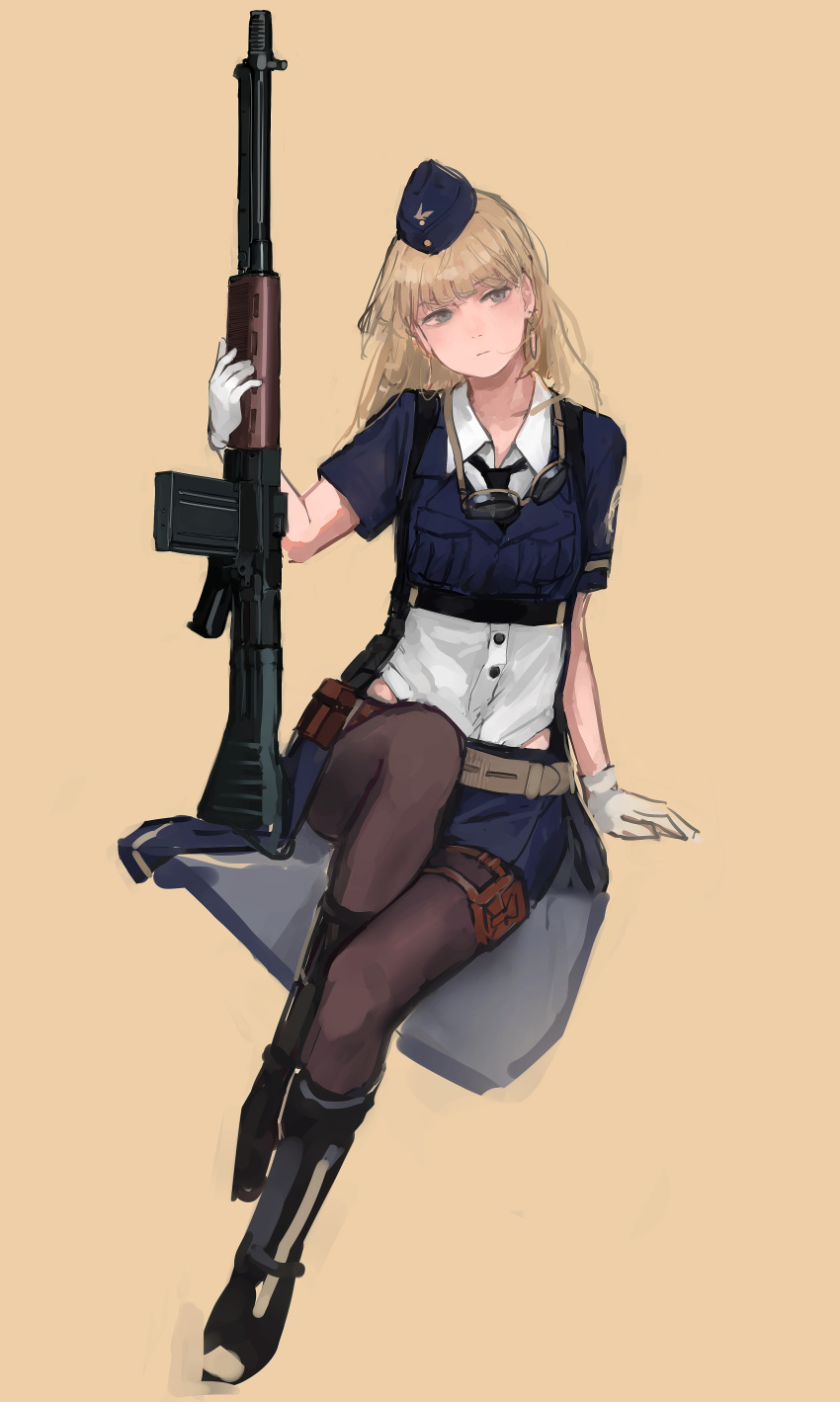 absurdres battle_rifle belt belt_pouch black_footwear black_necktie blonde_hair blue_eyes blue_hat blue_jacket blue_skirt boots buttons collared_shirt commentary cropped_jacket dated_commentary female fg42 fg42_(girls'_frontline) full_body garrison_cap girls'_frontline gloves goggles goggles_around_neck gun hat highres jacket long_hair looking_at_viewer miniskirt necktie pantyhose pouch rampart1028 rifle shirt short_sleeves simple_background sitting skirt solo weapon white_gloves white_shirt yellow_background