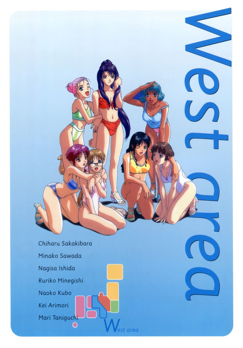 1990s_(style) 6+girls aqua_hair arimori_kei arm_up bikini black_hair blue_background blue_bikini brown_hair character_name double_bun gradient_background hair_bun high_heels highres ishida_nagisa kneeling kubo_naoko long_hair multiple_girls navel non-web_source official_art one-piece_swimsuit pink_hair red_bikini retro_artstyle sakakibara_chiharu sawada_minako short_hair sitting squatting standing striped_bikini striped_clothes swimsuit taniguchi_mari yamada_masaki yokozuwari zenkoku_seifuku_bishoujo_grand_prix