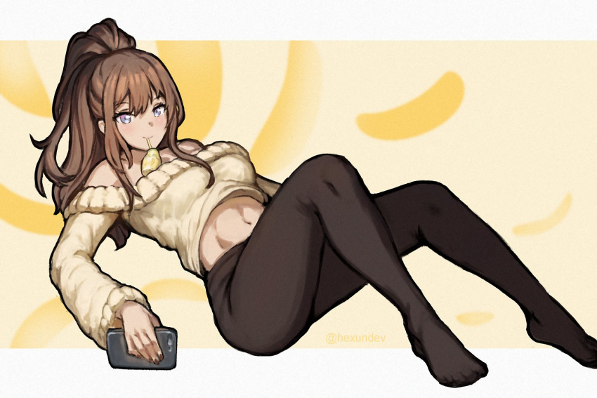 atelier_live brown_hair cellphone drinking_straw drinking_straw_in_mouth female hexunart holding holding_phone long_hair looking_at_viewer nanatsuki_nana navel off-shoulder_sweater off_shoulder pantyhose phone ponytail sidelocks sitting smartphone solo sweater virtual_youtuber