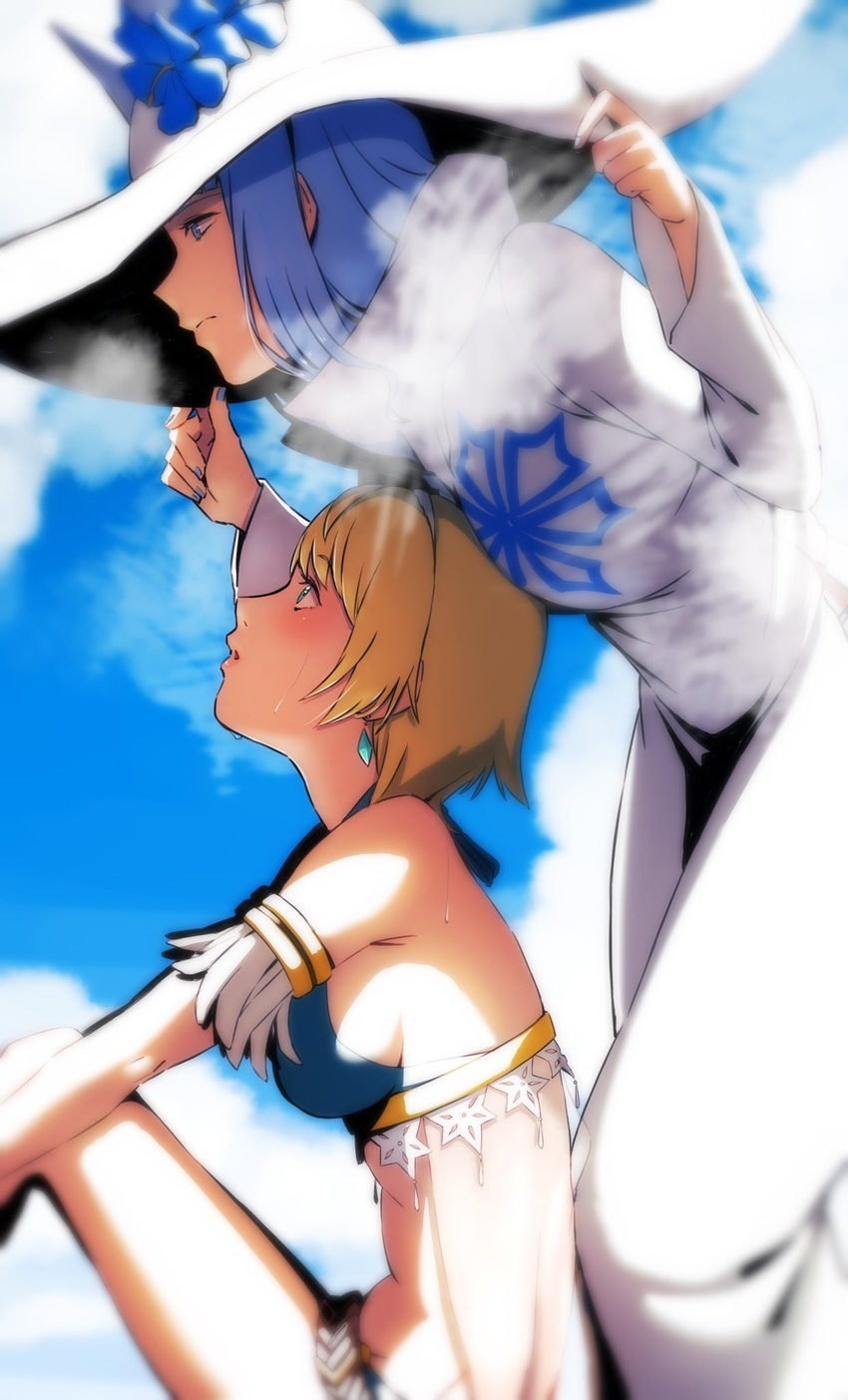 2girls aduti_momoyama bare_shoulders bikini blonde_hair blue_bikini blue_eyes blue_flower blue_hair blue_nails blue_sky breasts closed_mouth cloud commentary day earrings fingernails fire_emblem fire_emblem_heroes fjorm_(fire_emblem) fjorm_(summer)_(fire_emblem) flower frown hand_on_headwear hands_up hat hat_flower highres jewelry light_blue_hair looking_at_another looking_up medium_breasts multiple_girls nail_polish nifl_(fire_emblem) nifl_(summer)_(fire_emblem) official_alternate_costume short_hair sideboob sitting sky standing swimsuit symbol-only_commentary white_headwear