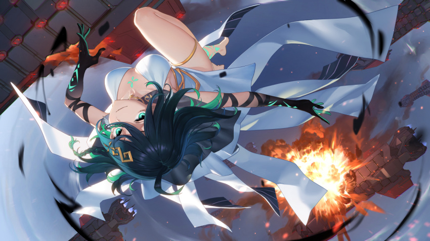 ahoge arm_strap barefoot benghuai_xueyuan black_gloves black_hair braid breasts explosion eyebrows_hidden_by_hair female flying gloves green_eyes green_hair hair_between_eyes hair_ornament honkai_(series) medium_breasts medium_hair multicolored_hair outdoors smile solo tattoo tdc24 thighlet two-tone_hair upside-down wendy_(honkai_impact)