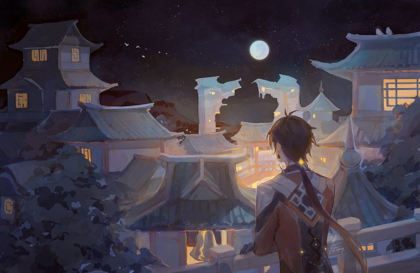 1boy architecture bird black_gloves black_hair brown_hair building carm_(ruoyeahs) dated earrings east_asian_architecture english_commentary from_behind full_moon genshin_impact gloves gradient_hair highres jacket jewelry long_hair long_sleeves male_focus moon multicolored_hair night outdoors ponytail signature single_earring sky solo star_(sky) starry_sky twitter_username zhongli_(genshin_impact)