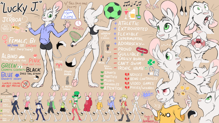 4_toes alcohol animancer ass ball barefoot beer beverage bolas bong boots bottomless clothed clothing collar digital_media_(artwork) digitigrade dipodid drugs duo electroshock_weapon english_text feet footwear hi_res hoodie jerboa luck_(animancer) mammal metal_spring model_sheet pawpads paws pink_pawpads rodent sandals shamrock soccer soccer_ball soles solo_focus sport stun_gun tail tennis tennis_racket text toes topwear weapon white_body