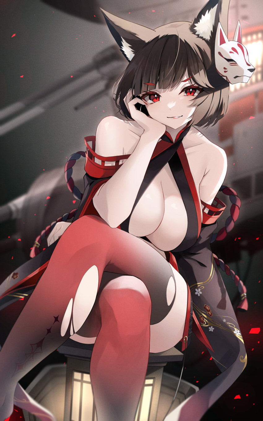 absurdres animal_ear_fluff animal_ears azur_lane bare_shoulders black_hair black_thighhighs breasts cat_ears cleavage cleavage_cutout clothing_cutout collarbone crossed_legs dark_background detached_sleeves female gradient_background gradient_legwear hand_on_own_head highres lantern large_breasts long_sleeves looking_at_viewer mask mask_on_head official_alternate_costume parted_lips red_eyes red_thighhighs ship short_hair sitting smile solo thighhighs thighs turret v-shaped_eyebrows watercraft wide_sleeves yamaha_tsui yamashiro_(azur_lane) yamashiro_(meta)_(azur_lane)