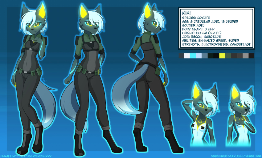 anthro black_sclera canid canine canis coyote english_text erdfurry female fur glowing glowing_body glowing_fur glowing_hair glowing_markings hair hi_res kiki_(hunterx90) mammal markings model_sheet pose solo super_soldier teasing teasing_viewer text yellow_eyes