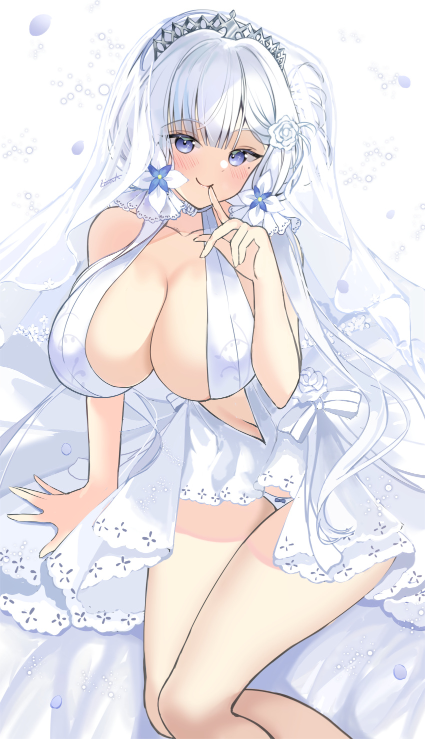 absurdres azur_lane bare_shoulders breasts bridal_veil center_opening cleavage collarbone commentary_request dress feet_out_of_frame female finger_to_mouth flower hair_flower hair_ornament halter_dress halterneck highres huge_breasts illustrious_(azur_lane) illustrious_(morning_star_of_love_and_hope)_(azur_lane) kisahipi lace-trimmed_dress lace_trim long_hair looking_at_viewer md5_mismatch mole mole_under_eye official_alternate_costume panties purple_eyes revealing_clothes rose shirt simple_background sleeveless sleeveless_shirt smile solo tiara tri_tails underwear veil wedding_dress white_background white_dress white_flower white_hair white_panties white_rose white_theme