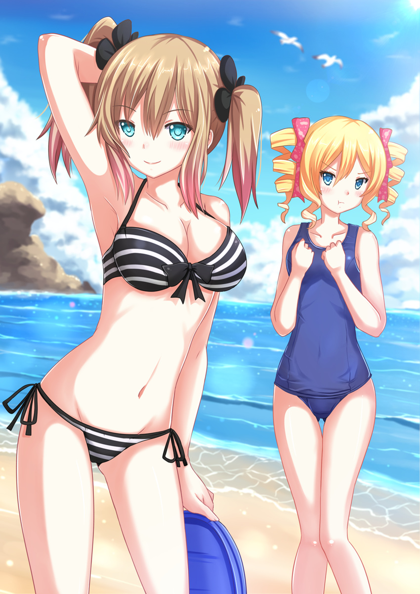 2girls :t arm_behind_head armpits ass_visible_through_thighs beach bikini bird blonde_hair blue_eyes blush breast_envy breasts brown_hair cleavage cloud commentary_request crossover dairenji_suzuka day drill_hair hair_ribbon hamatora highres honey_(hamatora) kazenokaze large_breasts lens_flare looking_at_viewer multiple_girls navel ocean one-piece_swimsuit outdoors pout ribbon school_swimsuit seagull season_connection short_hair side-tie_bikini_bottom sky small_breasts striped_bikini striped_clothes swimsuit thigh_gap tokyo_ravens twin_drills twintails water