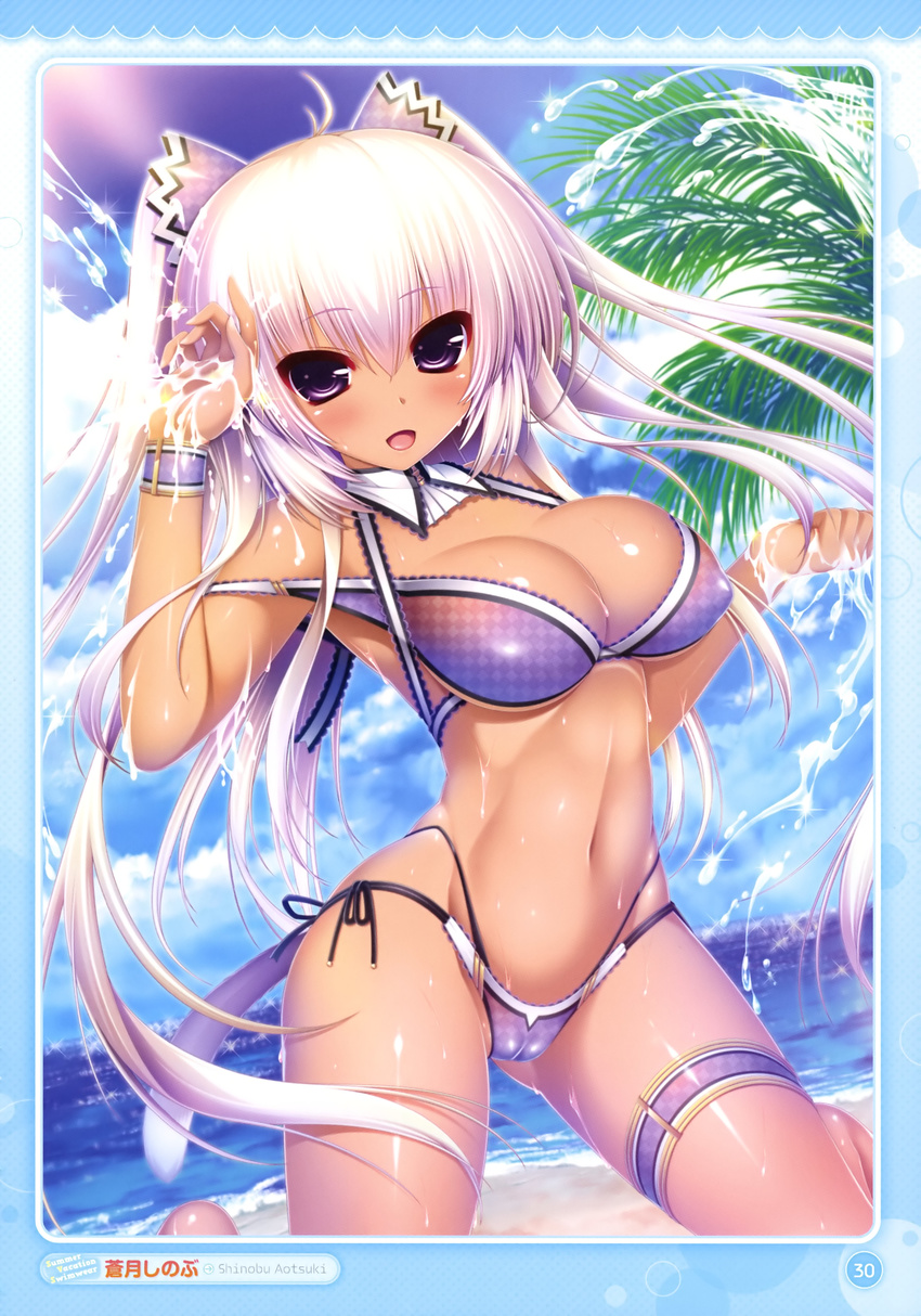 absurdres aotsuki_shinobu beach bikini breasts cameltoe cleavage covered_nipples dark-skinned_female dark_skin dengeki_moeou female highres large_breasts long_hair looking_at_viewer navel off_shoulder palm_tree pink_hair purple_bikini purple_eyes solo swimsuit tree