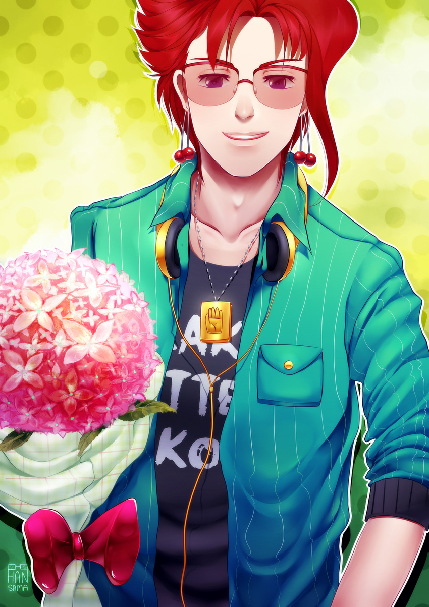 1boy adam's_apple artist_name bouquet bow collarbone earrings flower han_sama headphones headphones_around_neck highres jewelry jojo_no_kimyou_na_bouken kakyouin_noriaki male_focus open_mouth pendant polka_dot polka_dot_background purple_eyes red_hair signature smile solo sunglasses upper_body