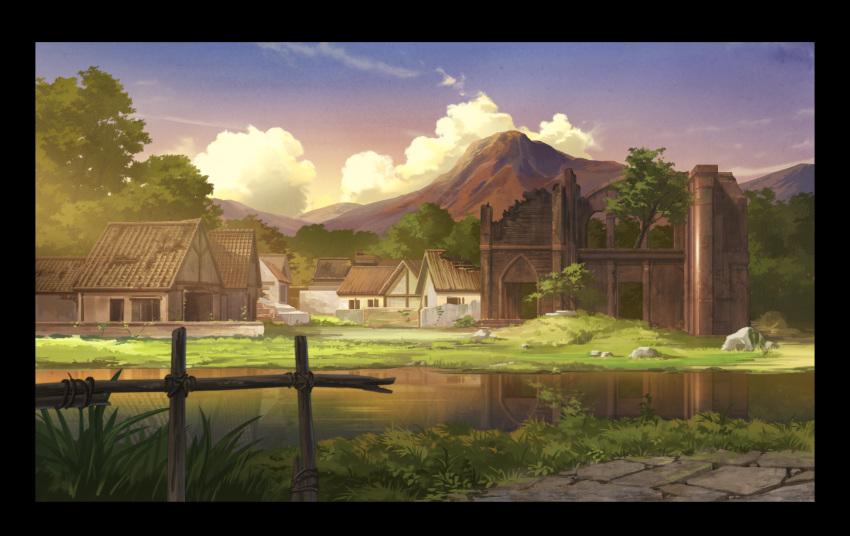 cloud commentary_request daisan_hikou_shoujo-tai fence highres house mountain no_humans outdoors rock ruins scenery shirobako sky sunset tree y.yamamoto