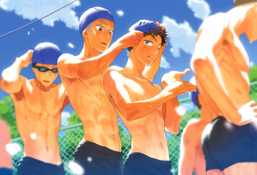 5boys abe_takaya abs adam's_apple ass blue_sky blurry brown_eyes brown_hair buzz_cut chain-link_fence cloud commentary_request da_kata day depth_of_field dripping fence goggles grey_hair hanai_azusa hand_on_own_hip height_difference light_particles male_focus male_swimwear multiple_boys muscular navel nipples one_eye_closed ookiku_furikabutte open_mouth outdoors photoshop_(medium) putting_on_headwear realistic short_hair sky sunlight swim_briefs swim_cap tan tanlines tongue topless_male tree very_short_hair wet wince