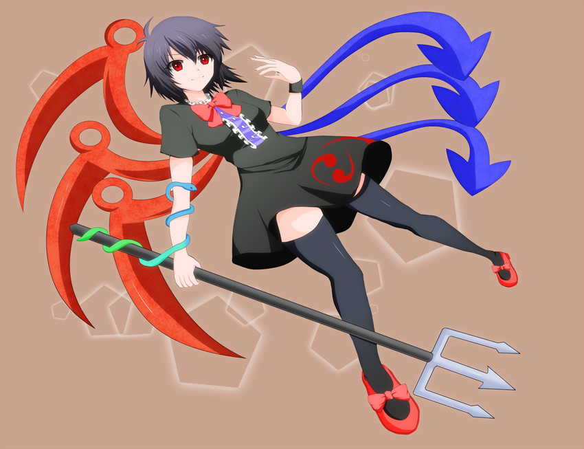 asymmetrical_wings black_dress black_hair commentary_request dress female houjuu_nue polearm red_eyes short_hair shuruken_(yuumo) snake thighhighs tomoe_(symbol) touhou trident weapon wings zettai_ryouiki