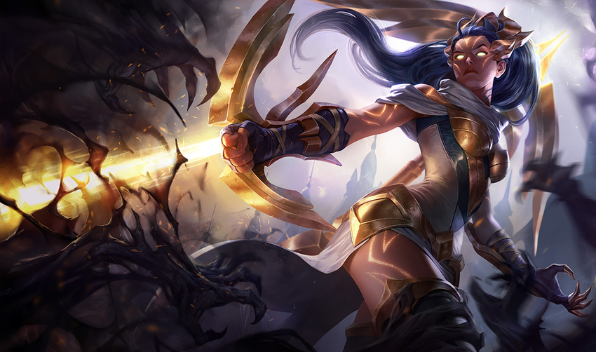 arclight_vayne arm_mounted_weapon armor arrow_(projectile) blue_hair breastplate claws crossbow facial_mark female fingerless_gloves forehead_mark gloves glowing glowing_eyes league_of_legends long_hair official_art photoshop_(medium) solo tattoo thighhighs vayne_(league_of_legends) weapon wrist_bow yellow_eyes