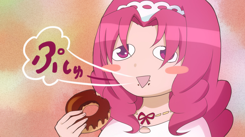 akagi_towa blush_stickers commentary_request doughnut female food food_on_face go!_princess_precure hjyuyi parody precure sawashiro_miyuki solo style_parody triangle_mouth voice_actor_connection wakako-zake