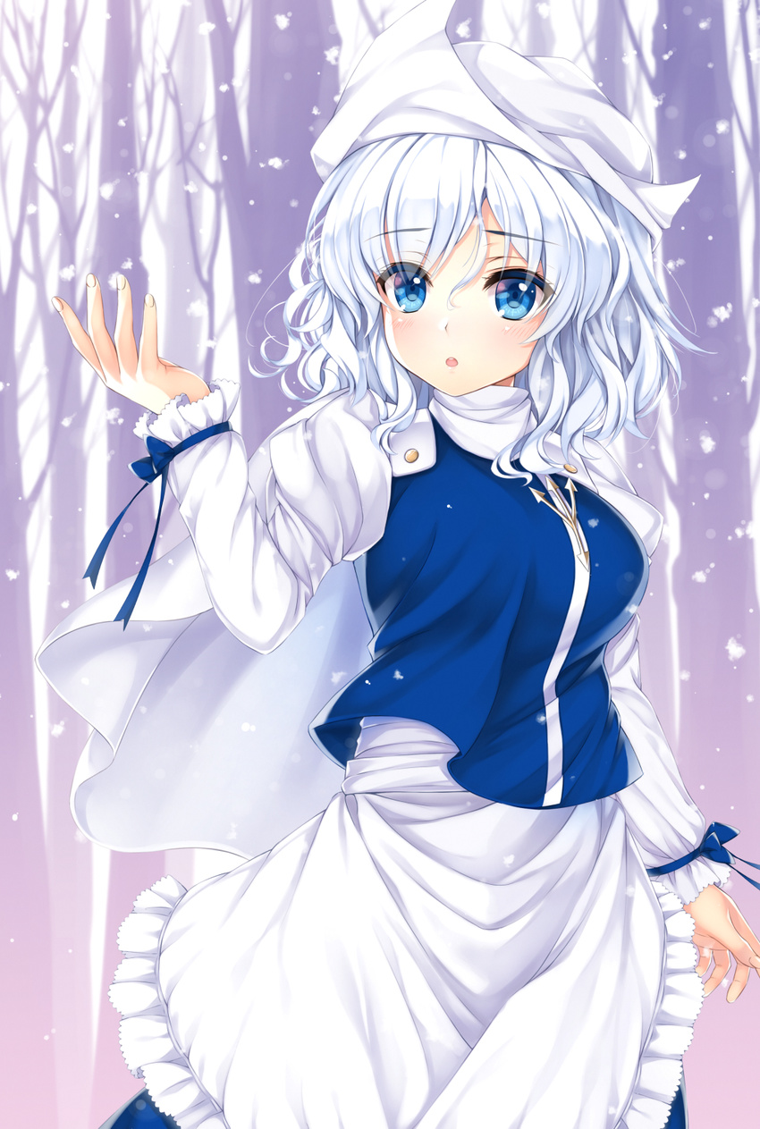 apron bad_id bad_pixiv_id blue_eyes blue_shirt breasts capelet female forest hat highres juliet_sleeves kitou_kaitai letty_whiterock long_sleeves medium_breasts nature puffy_sleeves revision shirt short_hair skirt skirt_set snowing solo touhou vest waist_apron white_hair white_hat