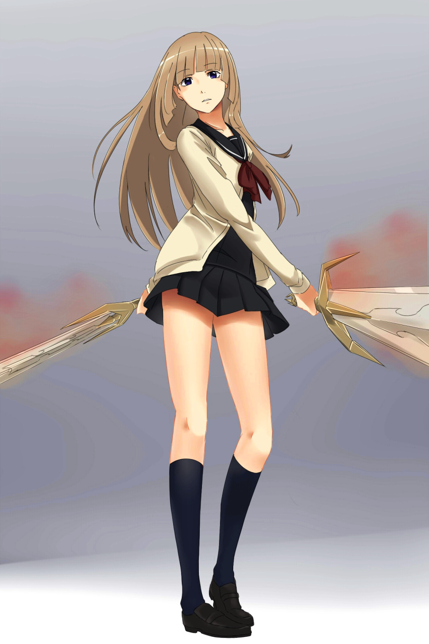 black_footwear black_sailor_collar black_shirt black_skirt blue_eyes blue_socks blunt_bangs brown_hair cardigan collarbone commentary_request dual_wielding female floating_hair full_body fuwa_aika grey_background grey_cardigan highres holding holding_sword holding_weapon kneehighs loafers long_hair looking_at_viewer miniskirt neck_ribbon parted_lips pleated_skirt red_neckwear red_ribbon ribbon sailor_collar saruno_(eyesonly712) school_uniform shirt shoes skirt socks solo standing sword very_long_hair weapon zetsuen_no_tempest