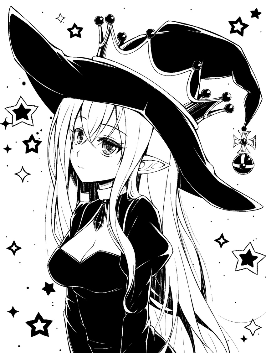 breasts cleavage closed_mouth commentary_request female greyscale hat highres kitou_kaitai large_breasts long_hair looking_at_viewer monochrome original partial_commentary pointy_ears smile solo star_(symbol) upper_body