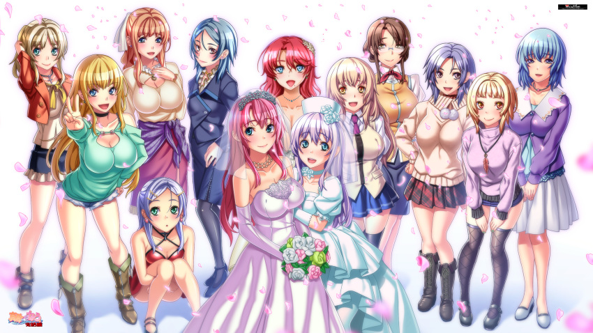 6+girls black_legwear blonde_hair blue_hair breasts brown_hair character_request dress flower game_cg highres long_hair looking_at_viewer maki-chan_to_now misono_yuki multiple_girls nagayori sanjou_maki sanjou_mayu sitting standing v