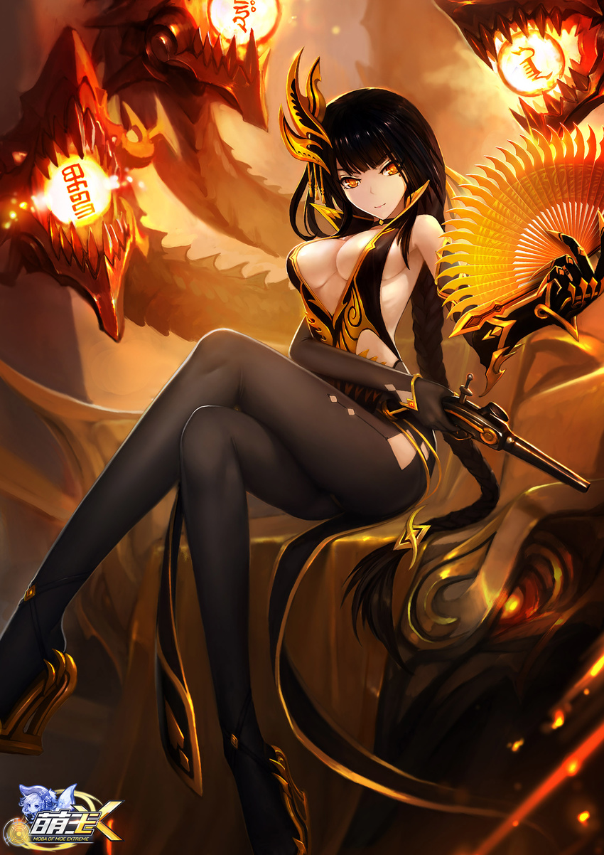 absurdres ankle_lace-up backless_dress backless_outfit bad_id bad_pixiv_id black_footwear black_hair black_pantyhose braid breasts center_opening cleavage commentary_request cross-laced_footwear crossed_legs dragon dress elbow_gloves female gloves gun hand_fan highres kangxi_(moeoh_ex) large_breasts legs long_hair long_legs looking_at_viewer moeoh_ex mole mole_under_eye orange_eyes pantyhose photoshop_(medium) sideboob sitting solo thighs weapon wedge_heels zhuore_zhi_hen