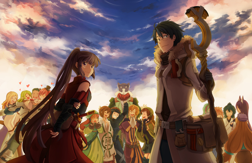 6+boys 6+girls :d akatsuki_(log_horizon) animal_ears arm_up armor arms_behind_back black_gloves black_hair black_hat black_scarf black_shirt brown_hair character_request cloak closed_eyes cloud cloudy_sky commentary_request day elbow_gloves fingerless_gloves fox_ears glasses gloves green_hair green_shorts grin hair_between_eyes hairband hat heart helmet henrietta_(log_horizon) highres holding holding_staff isuzu_(log_horizon) japanese_clothes kimono leaning_forward log_horizon long_hair looking_back lunderhaus_cord marielle_(log_horizon) miko mini_hat minori_(log_horizon) multiple_boys multiple_girls naotsugu_(log_horizon) nazuna_(log_horizon) neckerchief nyanta_(log_horizon) open_mouth outdoors pink_hair pokey purple_hat red_hairband scarf serara_(log_horizon) sheath sheathed shiroe_(log_horizon) shirt short_shorts shorts sky smile soujirou_seta staff standing sword tetra_(log_horizon) touya_(log_horizon) twintails very_long_hair weapon white_cloak white_kimono white_neckerchief