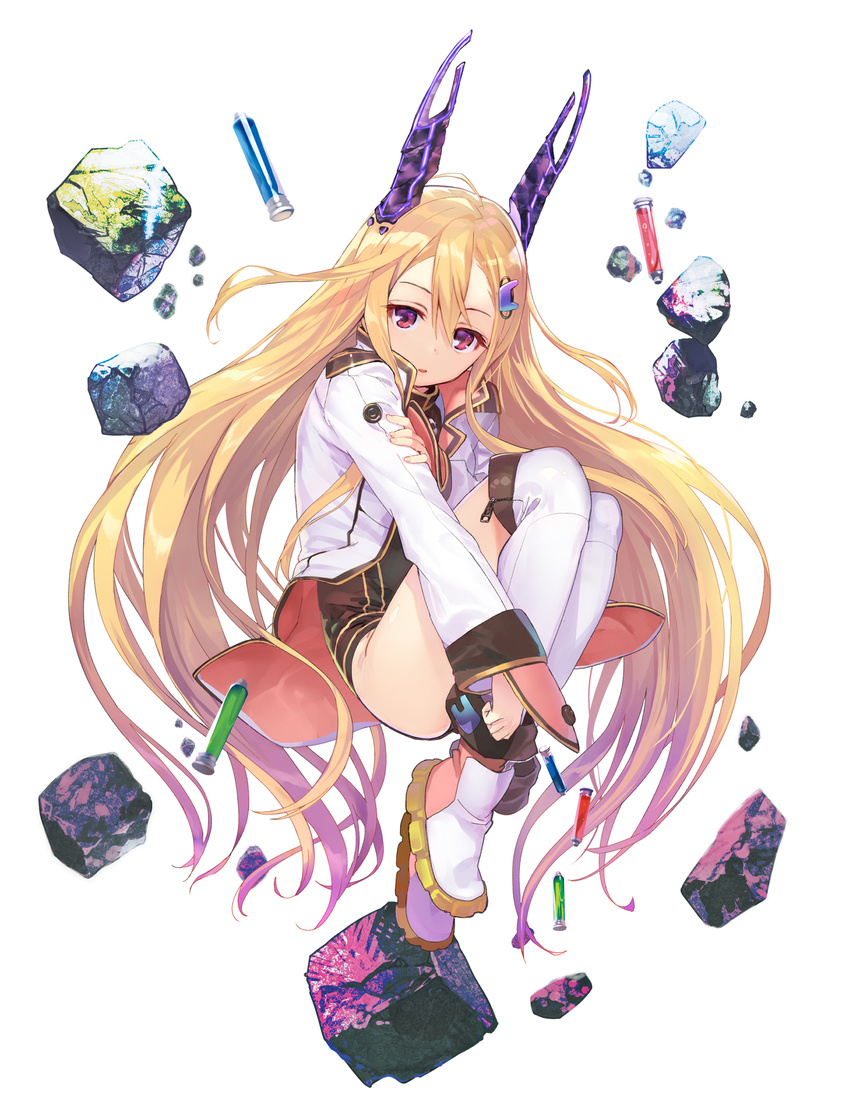 blonde_hair boots commentary_request female fetal_position full_body hair_between_eyes hair_ornament highres himawari_(tokyo_inroaded) horns jacket leotard long_hair long_sleeves official_art open_clothes open_jacket over-kneehighs purple_eyes shirabi solo test_tube thighhighs thighs tokyo_inroaded:_closed_eden very_long_hair white_thighhighs