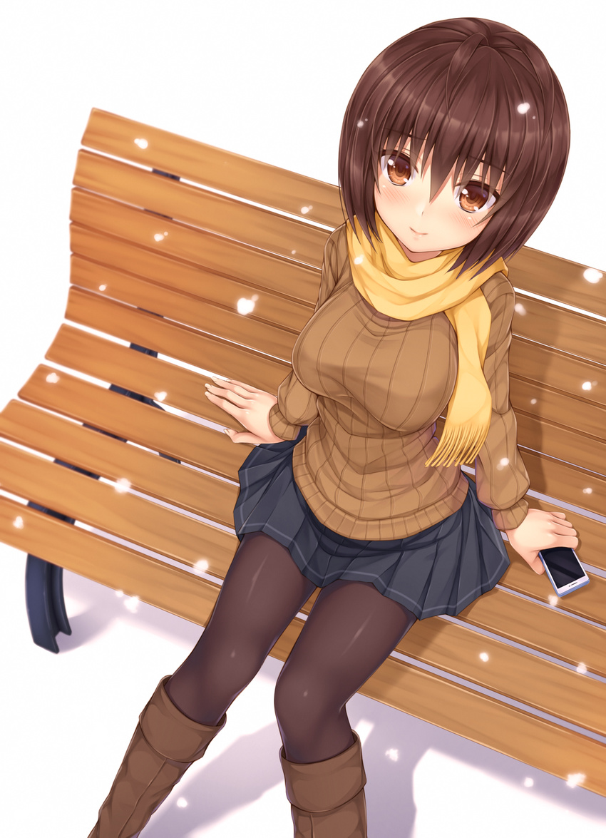 antenna_hair arm_at_side bench blush boots breasts brown_eyes brown_footwear brown_hair brown_pantyhose cellphone closed_mouth commentary_request eyebrows female fingernails hair_between_eyes highres holding holding_phone kitou_kaitai knee_boots large_breasts long_sleeves looking_at_viewer original pantyhose park_bench phone pleated_skirt revision short_hair simple_background sitting skirt smartphone smile snowflakes snowing solo white_background