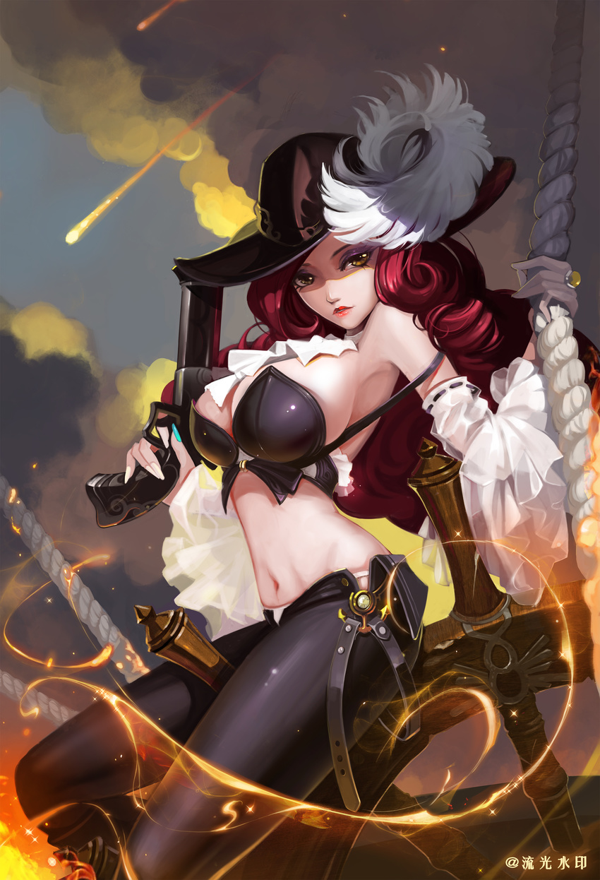 absurdres alternate_costume antique_firearm bare_shoulders breasts cleavage commentary_request detached_collar detached_sleeves female firelock flintlock gun handgun hat highres huge_breasts jewelry league_of_legends lips lipstick liuguang_shuiyin long_hair makeup midriff miss_fortune_(league_of_legends) nail_polish navel pants photoshop_(medium) pirate_hat red_hair ring rope sideboob solo steering_wheel waterloo_miss_fortune weapon yellow_eyes