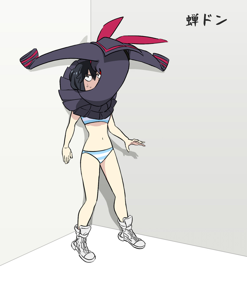 bad_id bad_pixiv_id bra cicada_block_(meme) female highres kill_la_kill living_clothes matoi_ryuuko meme navel o-nashi_neko panties senketsu shoes sneakers striped_bra striped_clothes striped_panties sweat underwear underwear_only