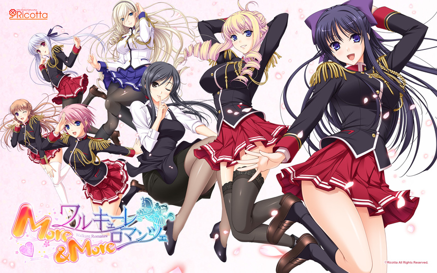 bertille_althusser black_legwear blush boots brown_hair celia_kumani_entory dress epaulettes hair_ribbon hairband highres hiiragi_ayako kisaki_mio komori_kei long_hair looking_at_viewer multiple_girls noel_maresse_ascot one_eye_closed open_mouth pantyhose pink_hair purple_eyes red_eyes red_skirt ribbon ryuuzouji_akane simple_background skirt smile thighhighs walkure_romanze white_background white_hair zettai_ryouiki