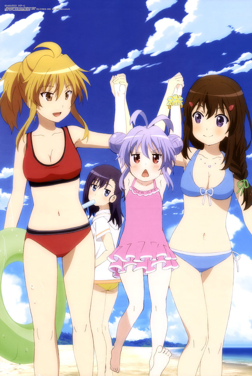 4girls :d absurdres ahoge antenna_hair armpits ass barefoot beach bikini blonde_hair blue_bikini blush braid breasts brown_hair casual_one-piece_swimsuit chestnut_mouth cleavage cloud day double_bun feet food fujimiya_konomi furrowed_brow hair_bun hair_ornament hairclip highres imoto_yuki innertube kagayama_kaede legs long_hair looking_back medium_breasts megami_magazine miyauchi_hikage miyauchi_renge multiple_girls navel non_non_biyori ocean official_art one-piece_swimsuit open_mouth outdoors pink_one-piece_swimsuit polka_dot polka_dot_scrunchie popsicle purple_eyes purple_hair red_bikini red_eyes scrunchie side-tie_bikini_bottom single_braid sky smile swim_ring swimsuit water wrist_scrunchie yellow_eyes