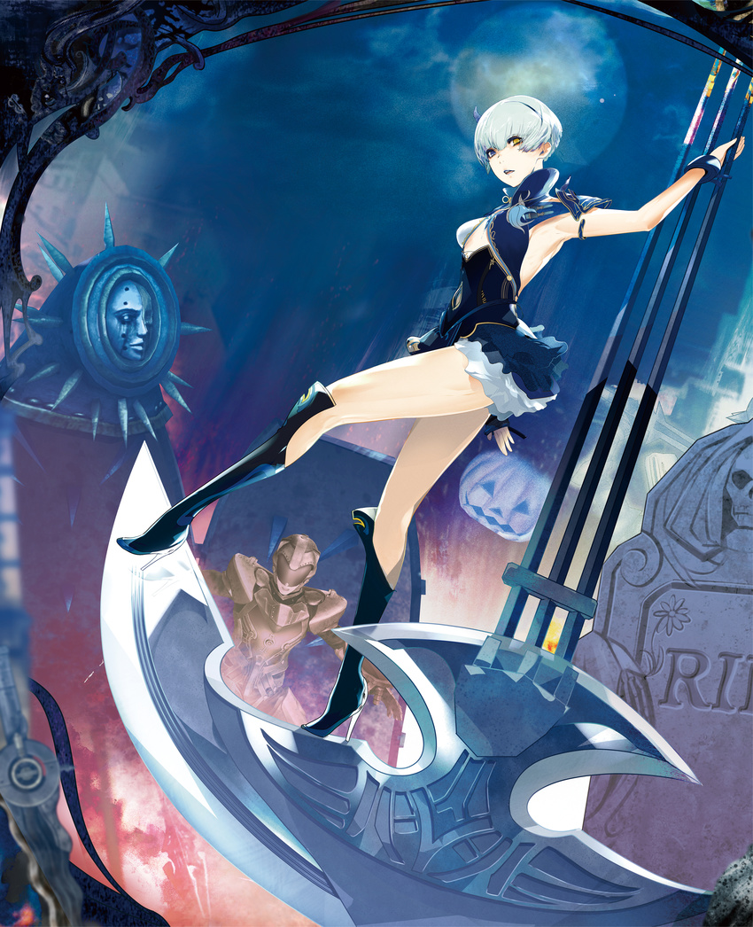 absurdres armpits axe blue_eyes boots chest_jewel clothing_cutout dress female hairband heterochromia high_heel_boots high_heels highres horns kagerou:_darkside_princess laegrinna legs maeda_hirotaka navel_cutout no_bra official_art short_dress short_hair silver_hair simple_background single_horn solo weapon white_background