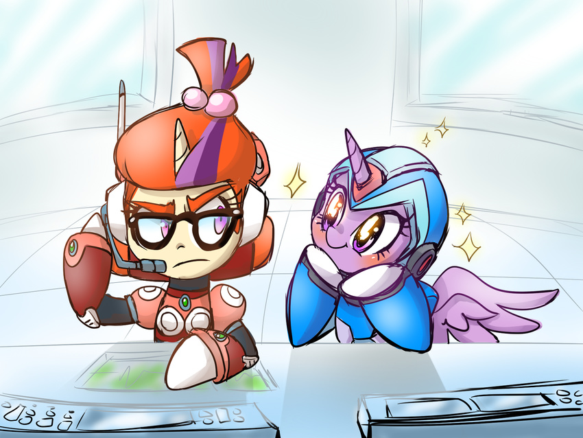 2015 4:3 alia_(megaman_x) alicorn armor capcom crossover duo electronics equid equine eyewear feathered_wings feathers female feral friendship_is_magic fur glasses hair hasbro hi_res horn mammal mega_man_(series) mega_man_x_(character) mega_man_x_(series) microphone moondancer_(mlp) multicolored_hair my_little_pony mythological_creature mythological_equine mythology purple_body purple_fur purple_hair sparkles thegreatrouge twilight_sparkle_(mlp) two_tone_hair unicorn wings