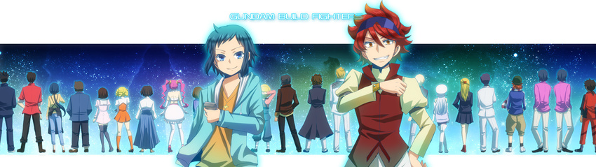 6+boys 6+girls aila_jyrkiainen allan_adams apron back baker_(gundam_bf) beret blue_eyes blue_hair boots chairman_mashita commentary_request copyright_name everyone eyewear_on_head gonda_monta grin gundam gundam_build_fighters hakama hakama_skirt hat highres hood hoodie iori_rinko iori_sei iori_takeshi japanese_clothes julio_renato kirara_(gundam_bf) kousaka_china long_coat luang_dallara mario_renato meijin_kawaguchi mihoshi_(gundam_bf) multiple_boys multiple_girls nagi_tabo_(kannagi00) nebula nils_nielsen nine_barthes orange_eyes overalls pantyhose rainer_cziommer ramba_ral red_hair reiji_(gundam_bf) ricardo_fellini sazaki_susumu scarf school_uniform skirt sky smile star_(sky) starry_sky sunglasses thigh_boots thighhighs wristband yajima_caroline yasaka_mao yuuki_tatsuya_(gundam_bf) zettai_ryouiki