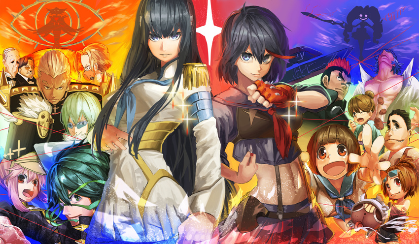 6+boys 6+girls bad_id bad_pixiv_id black_hair blonde_hair blue_eyes brown_hair epaulettes fingerless_gloves gamagoori_ira glasses gloves green_eyes green_hair guts_(kill_la_kill) harime_nui highres inumuta_houka iori_shirou jakuzure_nonon kill_la_kill kinagase_tsumugu kirii kiryuuin_ragyou kiryuuin_satsuki life_fiber long_hair mankanshoku_barazou mankanshoku_mako mankanshoku_matarou mankanshoku_sukuyo matoi_ryuuko midriff mikisugi_aikurou multicolored_hair multiple_boys multiple_girls navel one_eye_closed pink_hair primordial_life_fiber red_eyes red_hair sailor_collar sanageyama_uzu school_uniform senketsu serafuku short_hair silhouette_demon soroi_mitsuzou suspenders two-tone_hair