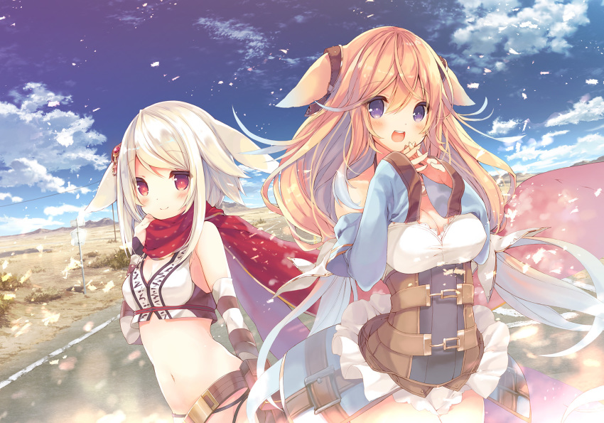 2girls animal_ears bare_shoulders belt_buckle belt_pouch blonde_hair blush breasts buckle cleavage cloud corset crop_top day detached_sleeves elbow_gloves feather_hair feathers fingers_together frills game_cg gloves hair_between_eyes hair_ornament half-skirt highres karakara_(game) karakara_2_(game) long_hair long_sleeves mari_mizuno medium_breasts multiple_girls navel official_art open_mouth outdoors p19 panties pouch purple_eyes rebecca_valentine red_eyes red_scarf road scarf short_hair sidelocks skirt sky small_breasts smile strap striped_clothes striped_gloves tareme underwear upper_body white_hair