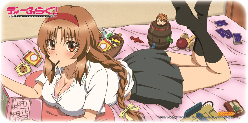 bed braid breasts brown_eyes brown_hair candy card cleavage computer crossed_legs d-frag! female food hairband highres kazama_kenji laptop large_breasts long_hair looking_at_viewer lying official_art on_stomach photoshop_(medium) playing_card pocky pop-up_pirate school_uniform skirt takao_(d-frag!)