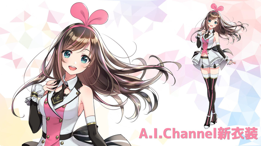 arm_warmers bow commentary_request dress female green_eyes hairband kizuna_ai kizuna_ai_(elegant) kizuna_ai_inc. lace lace-trimmed_legwear lace-trimmed_sleeves lace_trim long_hair looking_at_viewer morikura_en multicolored_hair necktie official_art pink_hair pink_hairband ribbon shirt shorts sleeveless sleeveless_dress sleeveless_shirt thighhighs virtual_youtuber