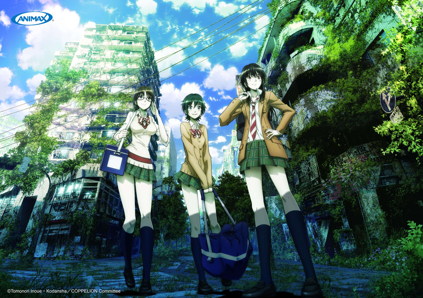 3girls absurdres adjusting_eyewear bag black_hair blue_legwear bow bowtie brown_eyes brown_hair cardigan cityscape cloud cloudy_sky coppelion crosswalk day fukasaku_aoi full_body glasses green_eyes green_hair hand_on_own_hip highres ivy key_visual kneehighs loafers long_hair miniskirt moss multiple_girls naruse_ibara nature necktie nomura_taeko official_art outdoors paint.net_(medium) pale_skin plaid plaid_skirt plant pleated_skirt post-apocalypse promotional_art red-framed_eyewear road road_sign ruins scenery school_bag school_uniform shoes short_hair short_ponytail shoulder_bag sign skirt sky sleeves_rolled_up socks street sunlight sweater_vest